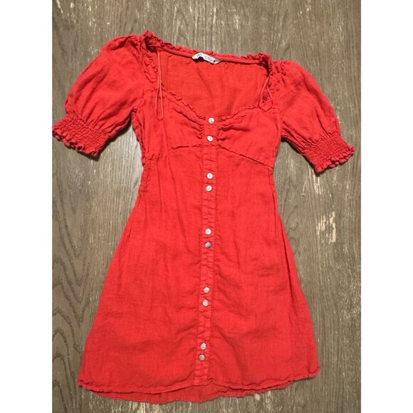 Zara Linen Red Mini Linen Puff Sleeve Dress Medium Button Stretch Waist Party - Picture 3 of 12